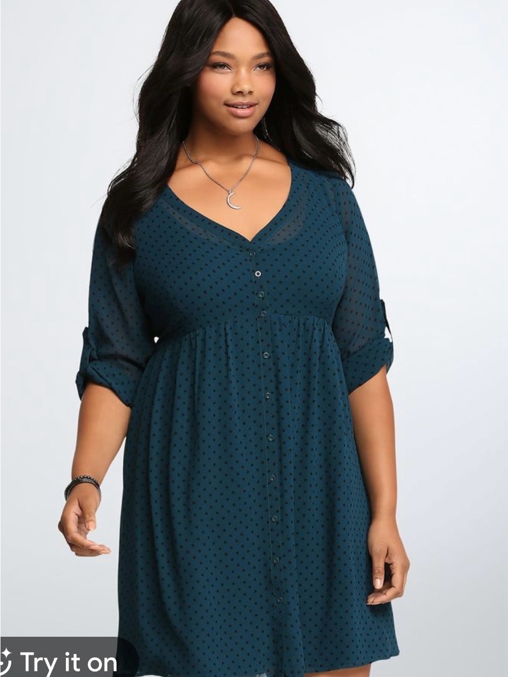 TORRID Teal Polka Dot Button Front Dress Size 3 / 3X Long Sleeve Babydoll